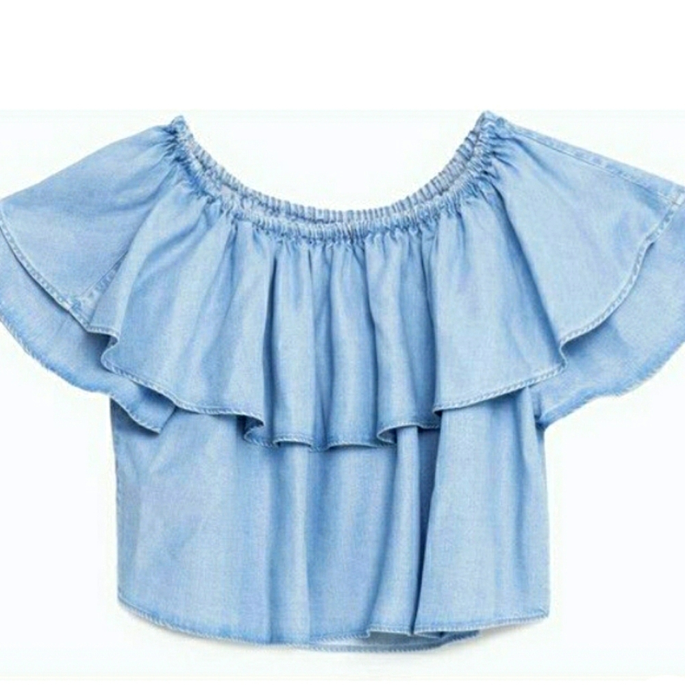 Bershka Denim Collection Off Shoulder Light Blue